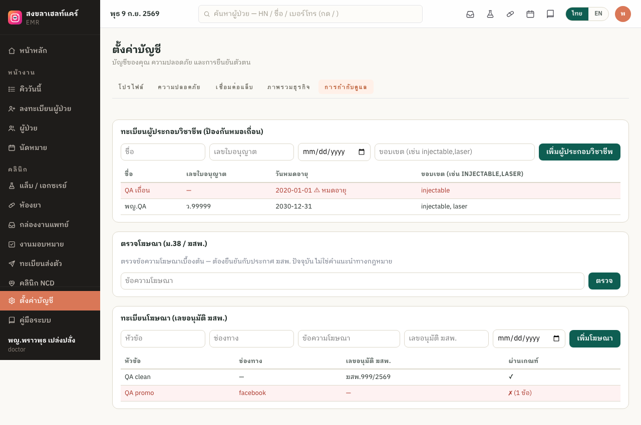 ใบอนุญาตผู้ทำหัตถการ + ตรวจโฆษณา ม.38 / ฆสพ.